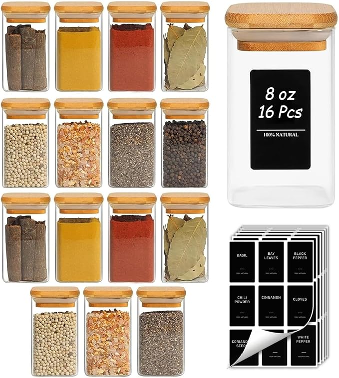 ComSaf Spice Jars with Labels 8 oz 16Pack, Small Spice Containers Starter Set, Glass Seasoning Jars with Lids, Square Seasoning Containers for Salt, Pepper, Chili Powder, Sugar, Loose Tea Storage by ComSaf