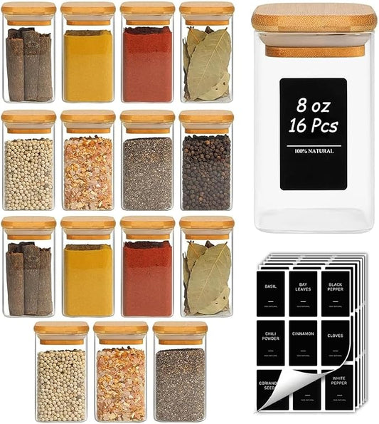 ComSaf Spice Jars with Labels 8 oz 16Pack, Small Spice Containers Starter Set, Glass Seasoning Jars with Lids, Square Seasoning Containers for Salt, Pepper, Chili Powder, Sugar, Loose Tea Storage by ComSaf