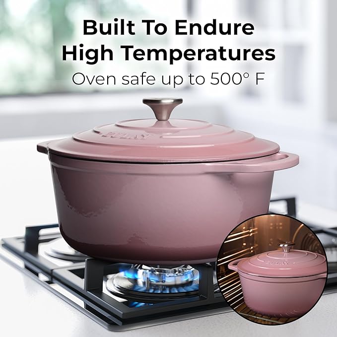 Zulay Kitchen 6 Quart Enameled Cast Iron Dutch Oven Pot with Lid – Premium Durability & Oven Safe up to 500°F – Heavy Duty Cookware Perfect for Bread Baking, Stews, Braising & Roasting - Pink - Image 2