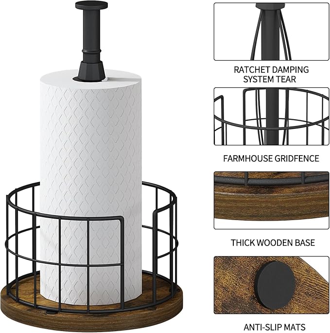 YINMIT Paper Towel Holder Countertop, One-Handed Tear Farmhouse Paper Towel Stand, Roll Paper Towel Stand Weighted, Paper Towel Holders with Ratchet Large, for Kitchen Essentials - Image 4