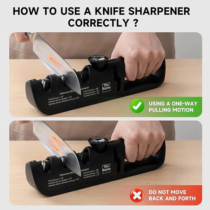 Knife Sharpener, 4-in-1 with Non-Slip Base and Adjustable Angle Guide, Perfect for Fruit Knives, Steel Knives & Scissors, Repair, Restore & Polish Blade (Black)