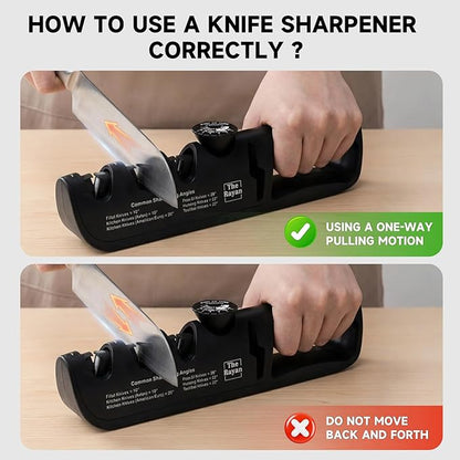 Knife Sharpener, 4-in-1 with Non-Slip Base and Adjustable Angle Guide, Perfect for Fruit Knives, Steel Knives & Scissors, Repair, Restore & Polish Blade (Black)