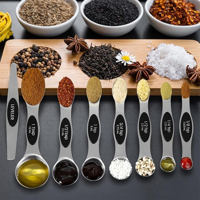 16 Pieces Measuring Cups and Magnetic Measuring Spoons Set Stainless Steel,8 Measure Cups with Silicone Handle and 7 Double Sided Magnetic Measure Spoons & 1 Leveler - Image 5