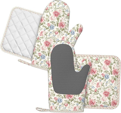 Oven Mitts and Pot Holders Flower Boho Rose Floral Silicone Kitchen Accessories Set of 4 Heat Resistant Long Gloves Potholder Non-Slip Grip for Chef Cooking Baking Grilling BBQ