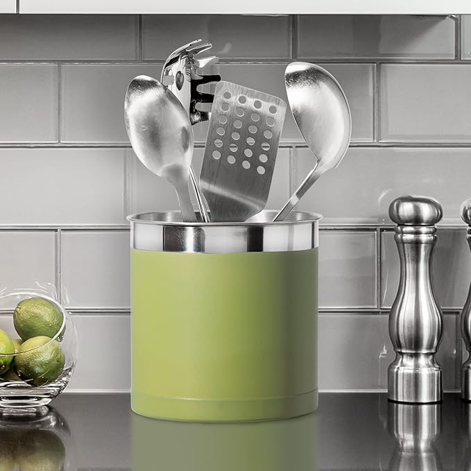 Oggi Stainless Steel Jumbo Utensil Holder - 7" Utensil Caddy, Weighted Base for Stability - Extra Large Utensil Crock and Countertop Utensil Organizer, Olive - Image 6