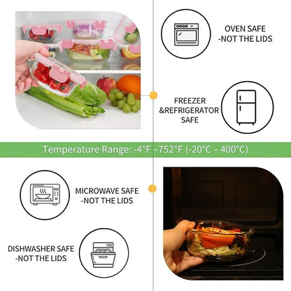 HOMBERKING Glass Food Storage Containers with Lids, [18 Piece] Glass Meal Prep Containers, Airtight Lunch Bento Boxes, BPA-Free & Leak Proof (9 lids & 9 Containers) - Pink - Image 3