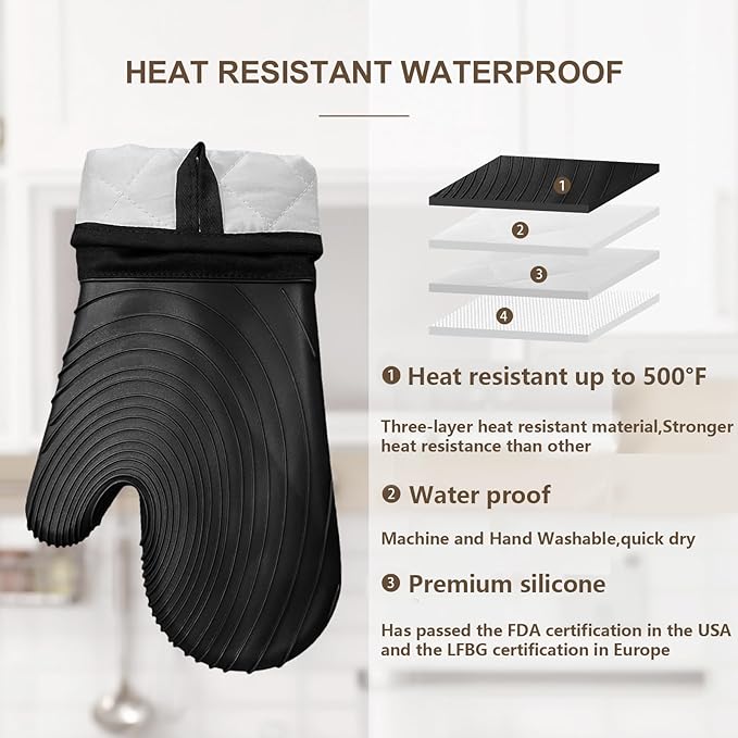 Silicone Oven Mitts-13.6 in Extended Oven Mitts Heat Resistant 500F, Oven Gloves with Soft Liner Good Grippy BPA-Free Easy to Clean Flexible-Oven Mits Set for Cooking Baking Grilling BBQ - Image 3