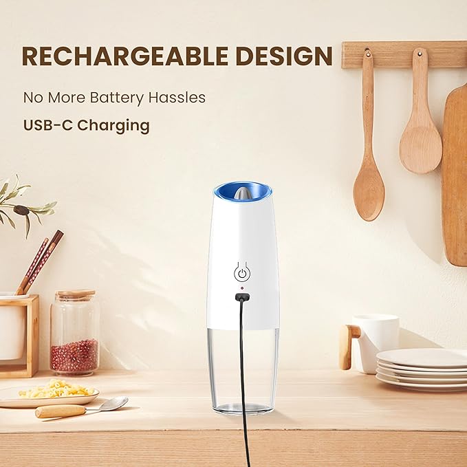 Rechargeable Electric Salt And Pepper Grinder Set, Automatic Gravity Electric Salt And Pepper Grinder Set, Adjustable Roughness, Led Light, 2 Pack, (Black+White) - Image 2