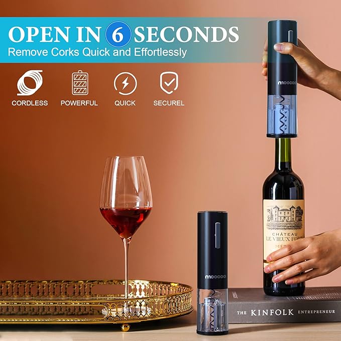 Moocoo Electric Wine Opener with Charging Base, Cordless Electric Wine Bottle Opener with 2-in-1 Aerator &Pourer, Foil Cutter, 2 Vacuum Preservation Stoppers, Display Charging Station for Easy Storage - Image 3