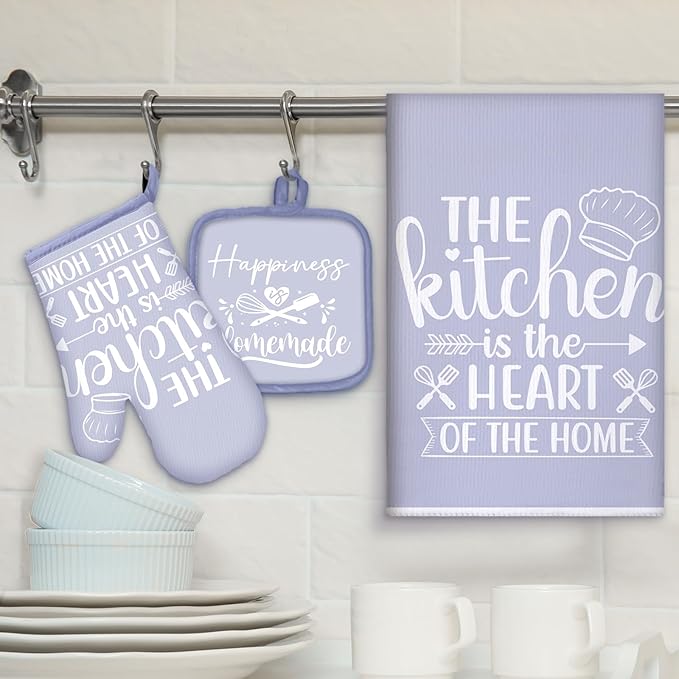 Sratte 6 Pcs Kitchen Decor Accessories Set Farmhouse Towels Pot Holders Oven Mitts Set 2 Dish Towels 2 Potholders 2 Cooking Mittens Oven Glove for Christmas Baking Cooking(Dreamy Purple,Kitchen) - Image 2