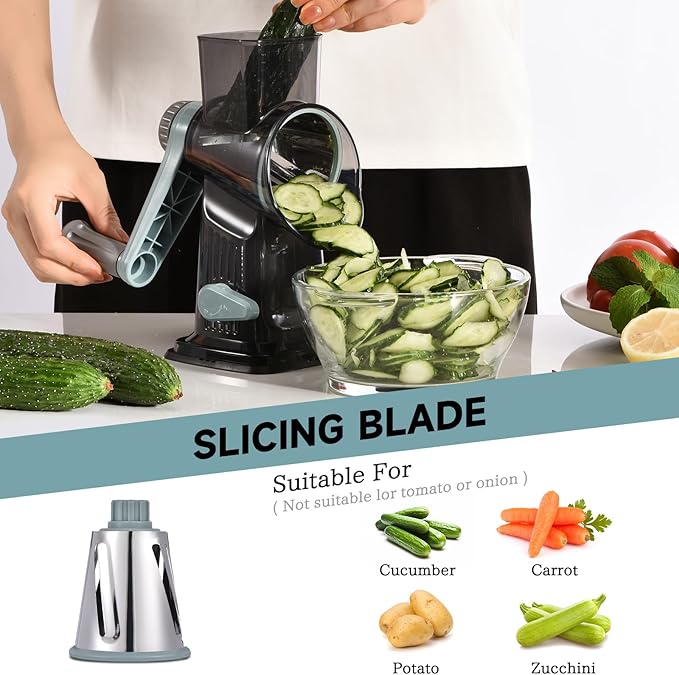 Rotary Cheese Grater with Handle Kitchen Shredder Slicer Grater Slicer Ice Shaver Cheese Vegetable Nuts Potato Zucchini Chocolate 3 Interchangeable Blades (GreyBlue) - Image 4