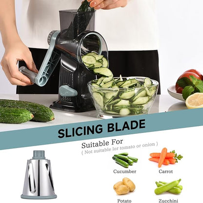 Rotary Cheese Grater with Handle Kitchen Shredder Slicer Grater Slicer Ice Shaver Cheese Vegetable Nuts Potato Zucchini Chocolate 3 Interchangeable Blades (GreyBlue) - Image 4