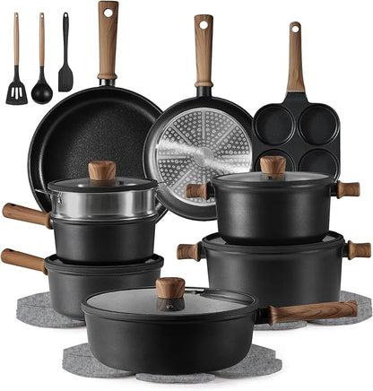 CAROTE 24Pcs Nonstick Kitchen Titanium Cookware Sets, Non stick Pots and Pans set, Induction Cookware Set Black by CAROTE