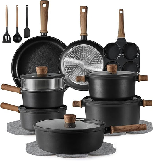 CAROTE 24Pcs Nonstick Kitchen Titanium Cookware Sets, Non stick Pots and Pans set, Induction Cookware Set Black by CAROTE