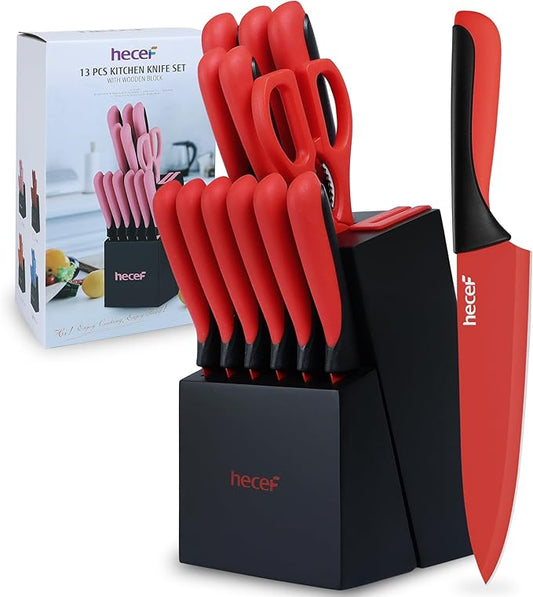 hecef 14 Pieces Kitchen Knife Set with Built-in Sharpening Wooden Block, Dishwasher Safe, High Carbon Stainless Steel Knife Block Set with Steak Knives, Kitchen Scissors (Red)