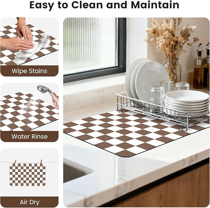 16" x 24" Checkered Dish Drying Mat for Kitchen Counter, Absorbent Coffee Bar Mat for Espresso Machine Coffee Countertops Accessories, Coffee Brown - Image 7