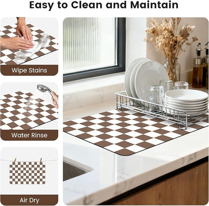 12" x 20" Checkered Dish Drying Mat for Kitchen Counter, Absorbent Coffee Bar Mat for Espresso Machine Coffee Countertops Accessories, Coffee Brown - Image 7