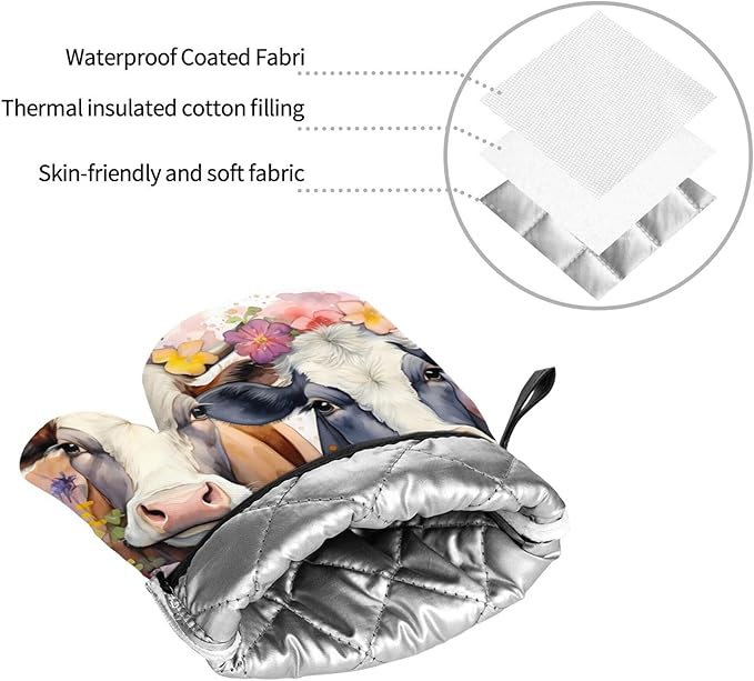 Watercolor Cows Oven Mitts and Pot Holders Sets Daisy Flower Kitchen Oven Gloves Heat Resistant 500 Degrees Oven Mitt and Hot Pad for Cooking BBQ Baking Grilling - Image 7