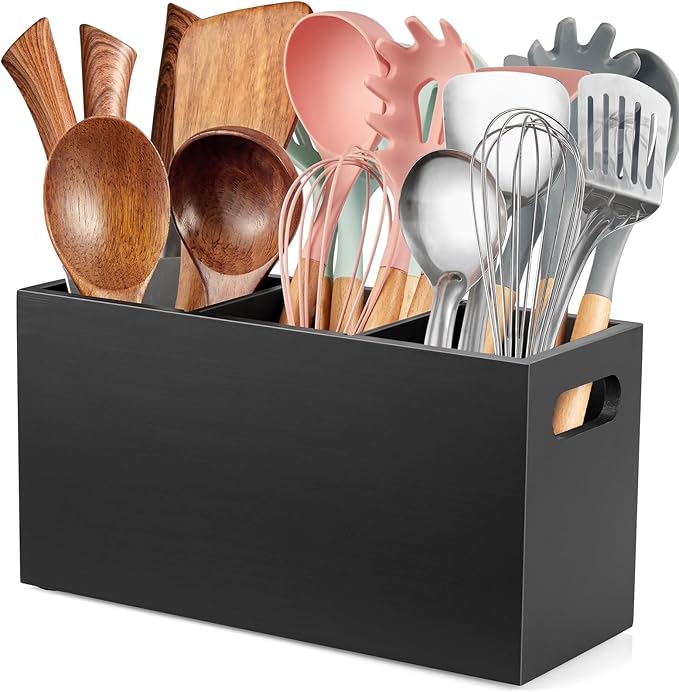 ALELION Black Kitchen Utensil Holder for Countertop - Wooden Large Utensil Caddy Organizer for Counter - 3 Compartment Cooking Utensil Crock for Silverware Spoon Spatula by ALELION