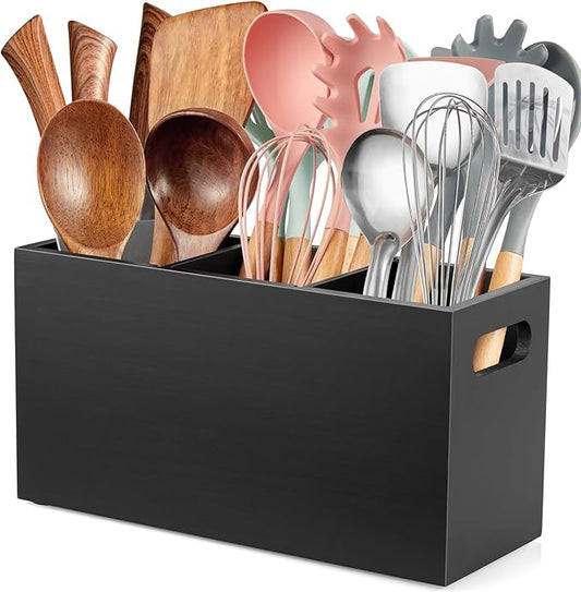 ALELION Black Kitchen Utensil Holder for Countertop - Wooden Large Utensil Caddy Organizer for Counter - 3 Compartment Cooking Utensil Crock for Silverware Spoon Spatula by ALELION