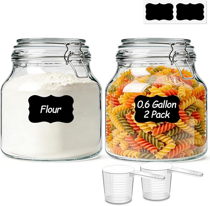 ComSaf 2-Pack 74oz (0.6 Gal) Wide-Mouth Glass Jars with Airtight Clamp Lids, Large Food Storage Containers for Flour, Sugar, Coffee & Pantry Organization, Includes Measuring Cup & Reusable Labels by ComSaf