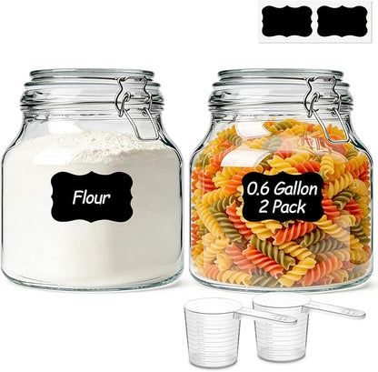 ComSaf 2-Pack 74oz (0.6 Gal) Wide-Mouth Glass Jars with Airtight Clamp Lids, Large Food Storage Containers for Flour, Sugar, Coffee & Pantry Organization, Includes Measuring Cup & Reusable Labels by ComSaf