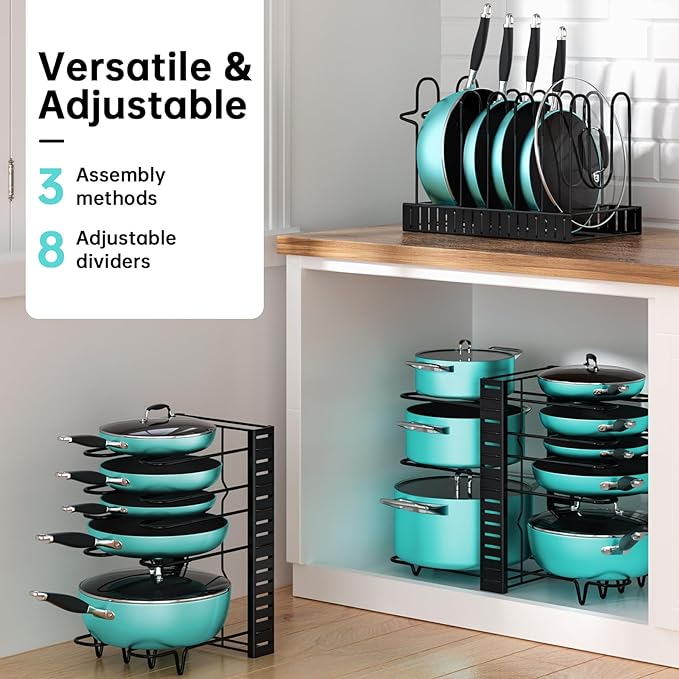 MUDEELA Pots and Pans Organizer Rack under Cabinet 16.61 Height, 8 Tiers Adjustable Pot Pan Rack with 3 DIY Methods, Pot Lid holder for Kitchen Cabinet Organizers and Storage - Image 5
