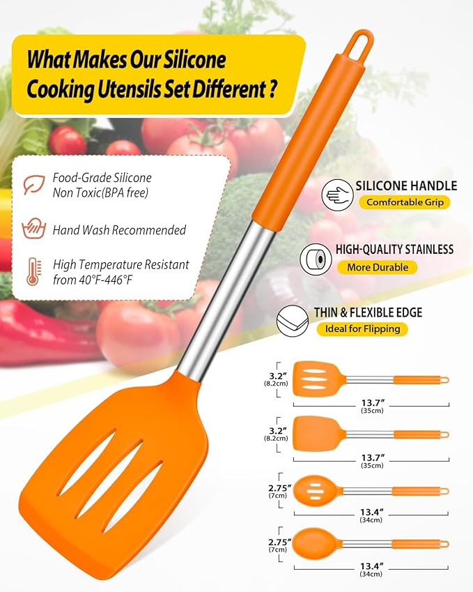 Pack of 4 Silicone Cooking Utensils Set, Non Stick Large Solid Spatulas, Heat Resistant Slotted Spoons, Ideal BPA Free Kitchen Turners for Frying, Mixing,Serving,Draining,Turning,Stirring (ORANGE) - Image 2