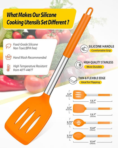 Pack of 4 Silicone Cooking Utensils Set, Non Stick Large Solid Spatulas, Heat Resistant Slotted Spoons, Ideal BPA Free Kitchen Turners for Frying, Mixing,Serving,Draining,Turning,Stirring (ORANGE) - Image 2