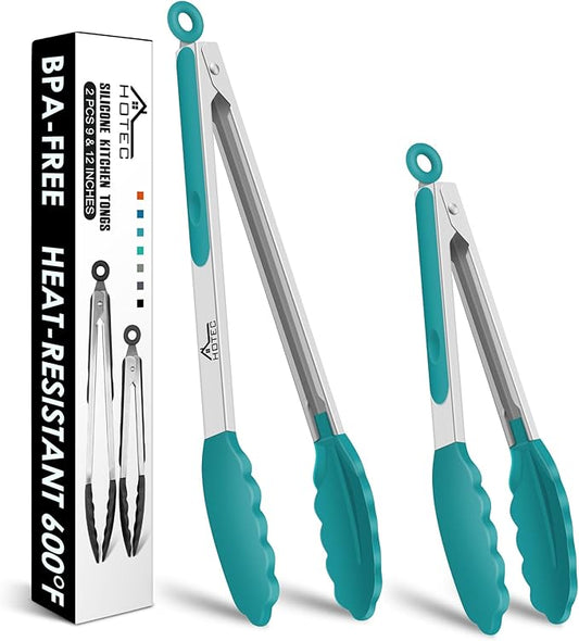 HOTEC Premium Stainless Steel Locking Kitchen Tongs with Silicon Tips, Set of 2-9" and 12", Turquoise by Hotec