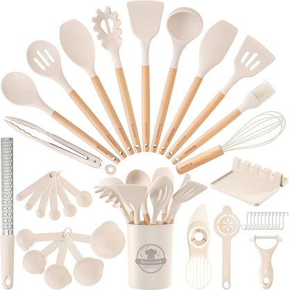Astercook Kitchen Utensils set, 39 PCS Silicone Cooking Utensils Set with Wooden Handle, 446°F Heat Resistant Food Grade Utensil Sets, BPA Free Kitchen Gadgets Tools Set for Mothers Day Gifts by Astercook