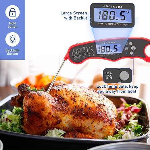 Lonicera Meat Thermometer Digital for Cooking Food. Waterproof & Instant Read for Kitchen Baking, BBQ. with Foldable Probe, Backlight & Calibration (Red) - Image 3