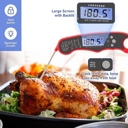 Lonicera Meat Thermometer Digital for Cooking Food. Waterproof & Instant Read for Kitchen Baking, BBQ. with Foldable Probe, Backlight & Calibration (Red) - Image 3