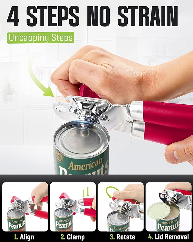 Multifunctional Can Opener Manual, Durable Heavy Duty Handheld Strong Can Opener with Smooth Cutting Edge, Friendly Kitchen Essentials Tool for Seniors, Camping and Bottle Opening-Red - Image 3