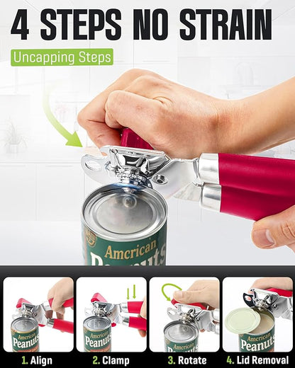 Multifunctional Can Opener Manual, Durable Heavy Duty Handheld Strong Can Opener with Smooth Cutting Edge, Friendly Kitchen Essentials Tool for Seniors, Camping and Bottle Opening-Red - Image 3