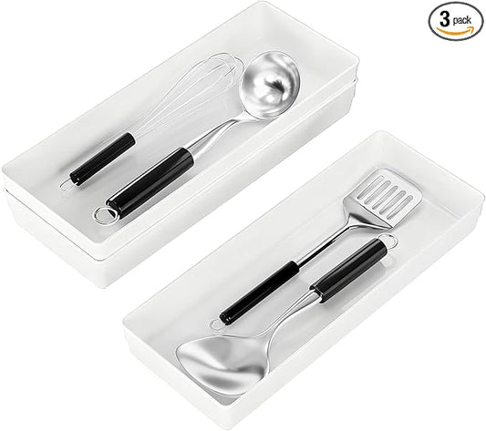 3 Pack White Large Size Plastic Drawer Organizer Tray Cutlery Utensil Makeups Drawer Organizers 15" X 6"