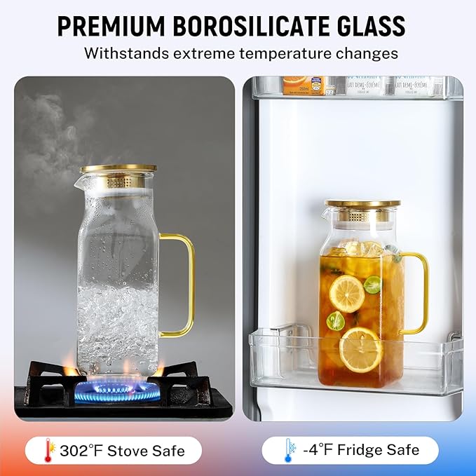 40 oz,1.2Liter Square Glass Pitcher with Lid and Spout, Water Pitchers with Handle for Fridge, Borosilicate Glass Carafe for Hot/Cold Drink, Large Jug for Iced Tea, Coffee, Beverage, Cold - Image 4