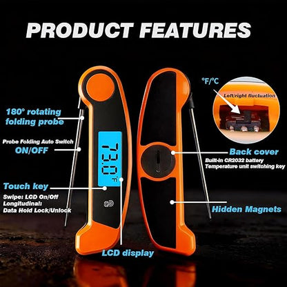 Meat Thermometer Digital Waterproof Instant Read Thermometer for Cooking ℃/℉ Convertible, Food Thermometer with Backlight, Cooking Thermometer for Kitchen Auto-Rotating Display Orange