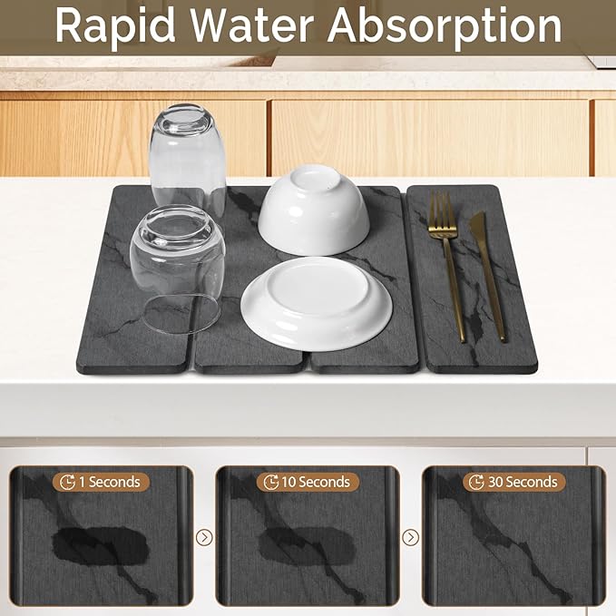 Small Stone Dish Drying Mat for Kitchen Counter, 2 PCS 16"×12" & 8"x4" Quick Dry Stone Mats, Foldable Water Absorbing Diatomite Drying Dish Pad for Countertop Bottles Utensils Cups(Dark Gray Ink) - Image 3