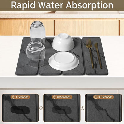 Small Stone Dish Drying Mat for Kitchen Counter, 2 PCS 16"×12" & 8"x4" Quick Dry Stone Mats, Foldable Water Absorbing Diatomite Drying Dish Pad for Countertop Bottles Utensils Cups(Dark Gray Ink) - Image 3
