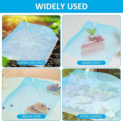 Mesh Food Covers for Outside, 5 Pack Pop-Up Food Tents with 100 Plastic Bowl Covers, Reusable Food Protectors for Picnics, Barbecues, Buffets (Light Blue)