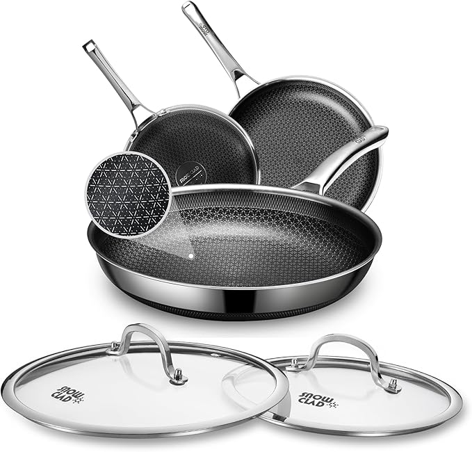 SNOWCLAD Hybrid Pans Set Nonstick with 2Lid, 8&10&12 Inch Nonstick Frying Pans Set, Dishwasher Induction Oven Broiler Safe Stainless Steel Skillet, PFOA Free Kitchen Cookware set
