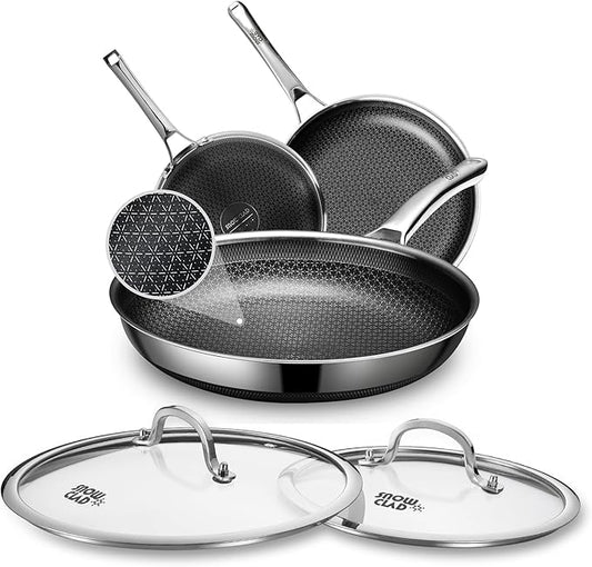 SNOWCLAD Hybrid Pans Set Nonstick with 2Lid, 8&10&12 Inch Nonstick Frying Pans Set, Dishwasher Induction Oven Broiler Safe Stainless Steel Skillet, PFOA Free Kitchen Cookware set