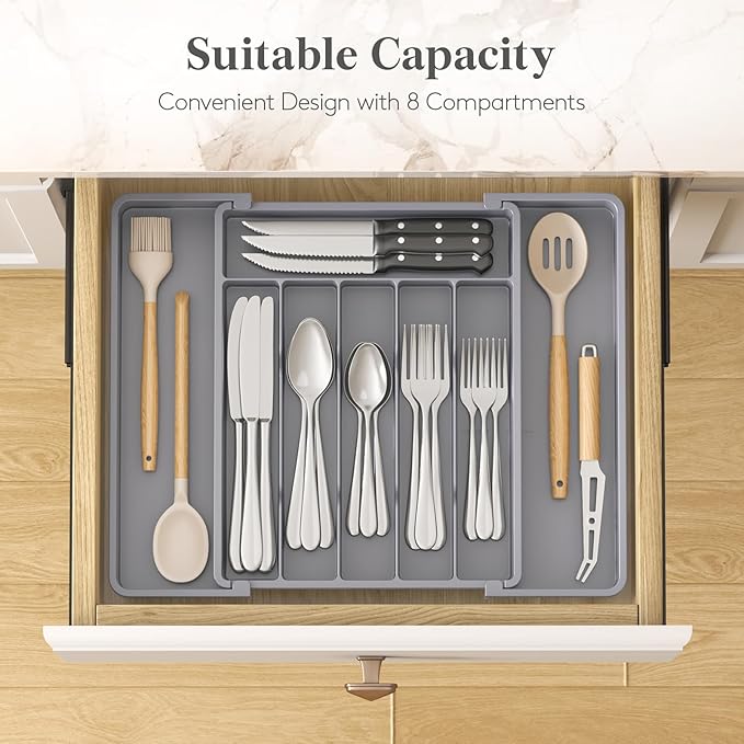 Lifewit Silverware Drawer Organizer, Expandable Utensil Tray for Kitchen, BPA Free Flatware and Cutlery Holder, Adjustable Plastic Storage for Spoons Forks Knives, 10.9"-17.5" x 13.7", Gray - Image 3