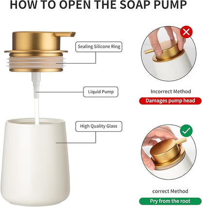 Enra Ceramic Soap Dispenser, 12 Oz Wide-Mouth Hand Lotion Dispenser with Gold Pump, White Refillable Dish Soap Dispenser for Kitchen & Bathroom Countertop Decor