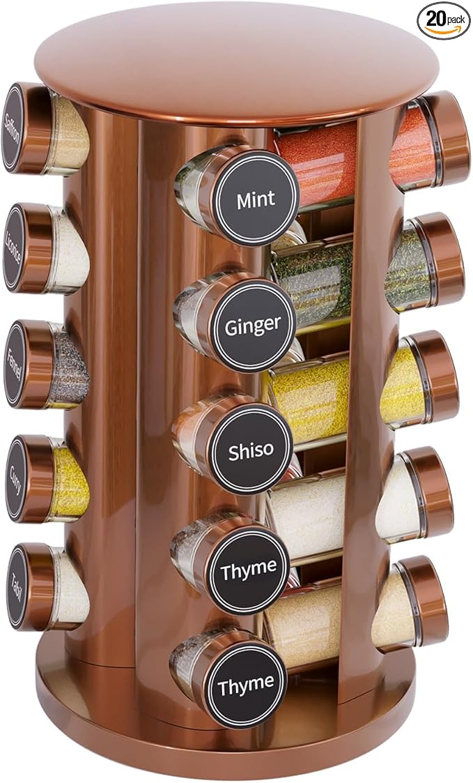 New England Stories Revolving Spice Rack Set with 20 Spice Jars, Kitchen Spice Tower Organizer for Countertop or Cabinet - Carousel Storage Includes 386 Spice Labels (Gold) by NewEnglandStories