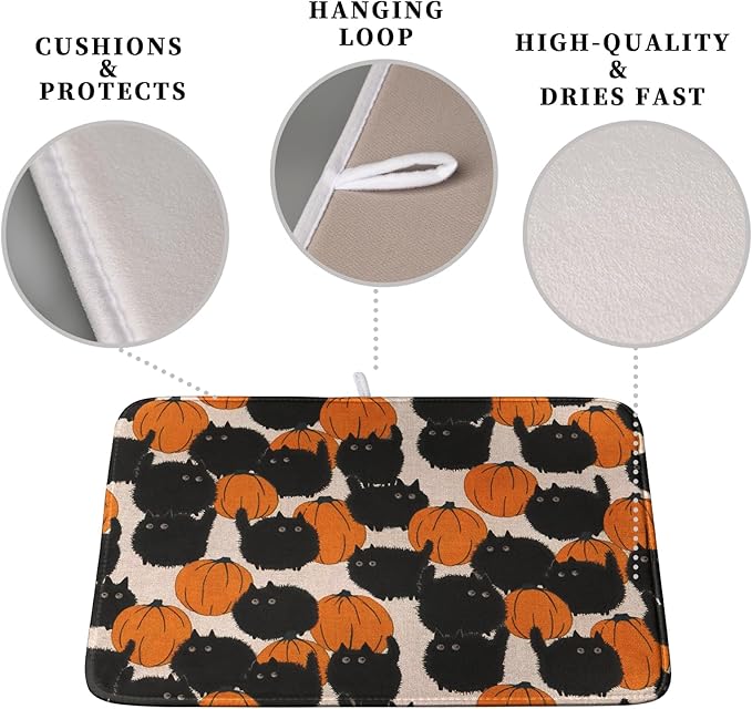 Happy Halloween Dish Drying Mat for Kitchen Counter 16x18 Inch Cute Pumpkin Black Cat Trick or Treat Drying Mats Large Microfiber Absorbent Dish Rack Pad for Coffee Bar Sinks Home Accessories - Image 3