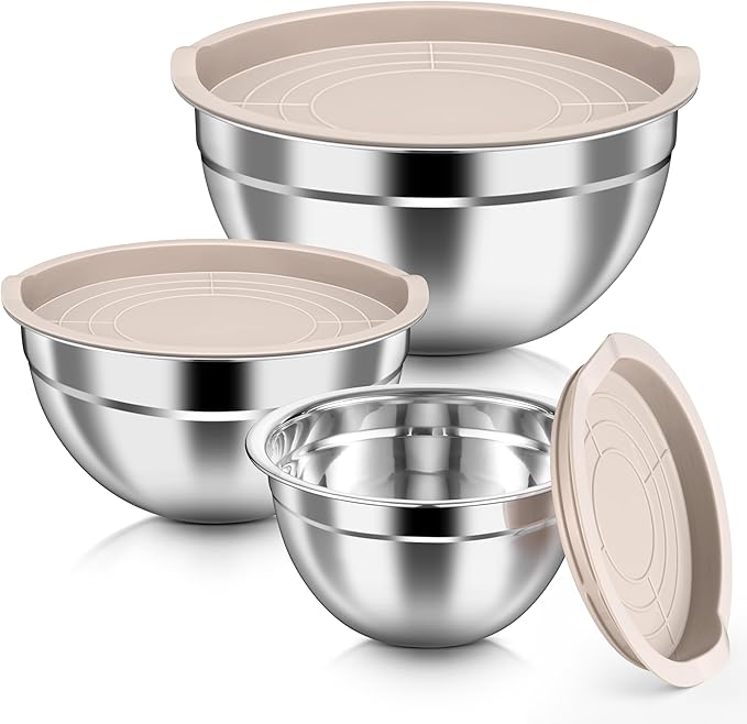 HaWare Mixing Bowls with Airtight Lids, 6-Piece Stainless Steel Salad Bowls, Strong Nesting Bowls for Cooking, Prepping, Baking, Serving & Food Storage, Stackable Design, Size 4.6, 3, 1.5QT, Khaki by HaWare