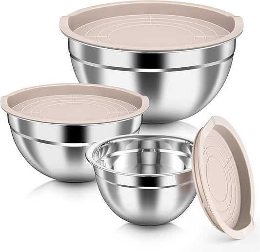 HaWare Mixing Bowls with Airtight Lids, 6-Piece Stainless Steel Salad Bowls, Strong Nesting Bowls for Cooking, Prepping, Baking, Serving & Food Storage, Stackable Design, Size 4.6, 3, 1.5QT, Khaki by HaWare