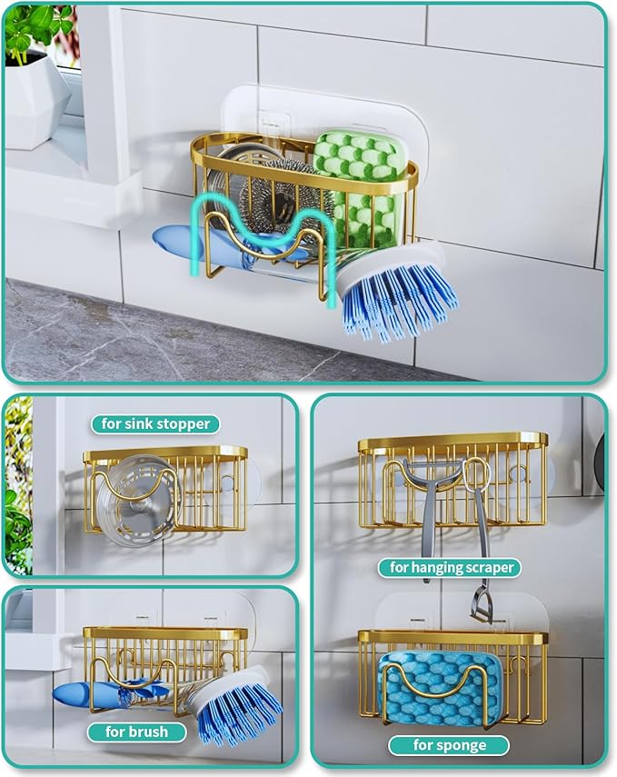 HapiRm Multifunctional Sponge Holder - 2 Installation Methods Sink Caddy with Unique M-shaped, Stainless Steel Kitchen Sink Organizer for Sponge, Brush, Stopper and Scraper - Gold - Image 2